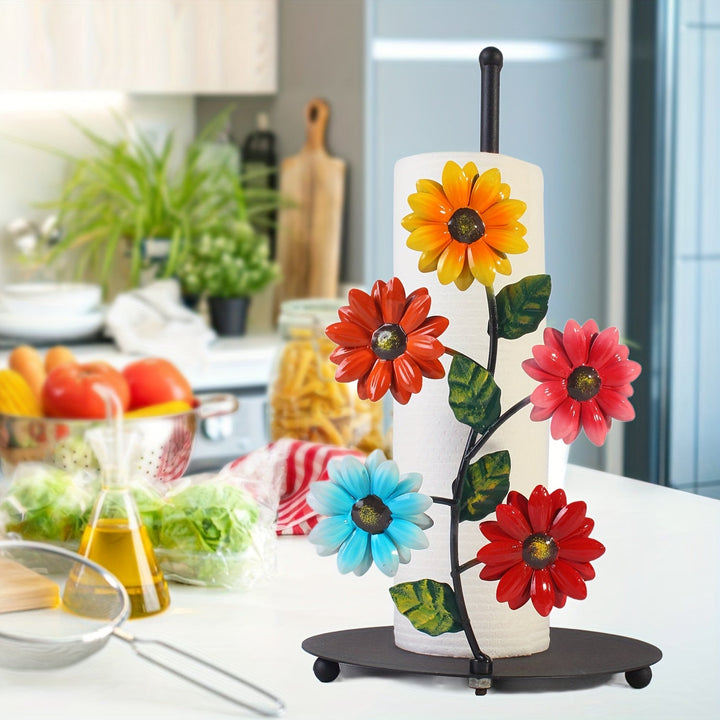 1pc Soporte para Toallas de Papel de Girasol de Hierro - Estante Decorativo de Almacenamiento para Encimera de Cocina con Detalles de Mariposas, Base Negra para Decoración de Hogar Elegante, Perchero para Toallas de Cocina