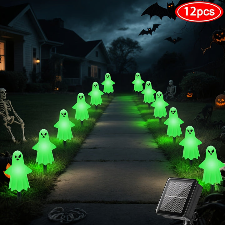 12 paquetes de luces solares de tierra espeluznantes para Halloween - Bats de horno de luces verdes, calidad IP44, 8 modos de iluminación (esqueleto/soplado/cambiando), montaje semi-inclinado, plástico duradero para decoraciones de exteriores de Hallowee