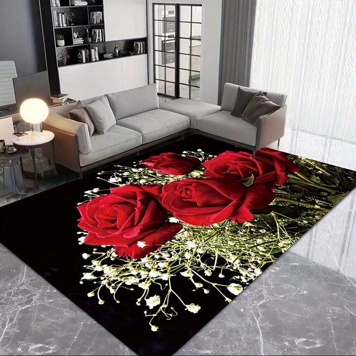 1 alfombra romántica con diseño de rosas rojas, antideslizante de poliéster, elegante decoración floral para sala, dormitorio, baño y hogar, lavable, estilo sofisticado