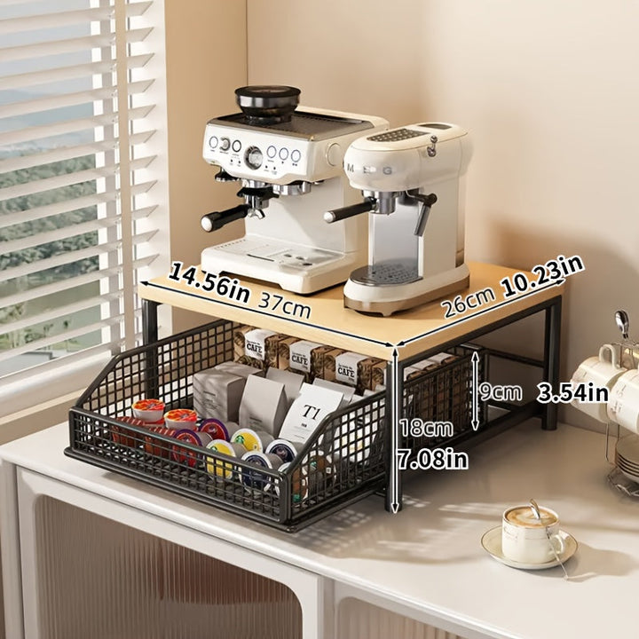 Estantería Moderna para Microondas con Cajón(es) - Estructura Robusta de Madera y Metal, Organizador de Encimera Ahorrador de Espacio para Electrodomésticos, Utensilios, Platos y Más - Solución de Almacenamiento Estilo y Durabilidad sin Necesidad de Elec