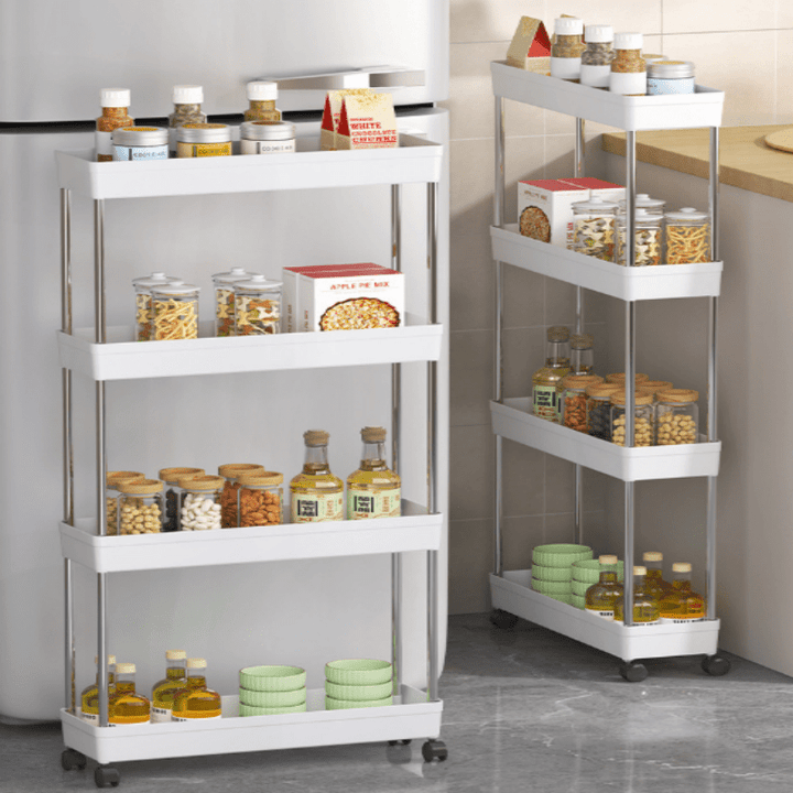 Carrito de Almacenamiento Móvil Multifuncional de 3 capas/4 capas: Diseño de Drenaje Hueco, Solución de almacenamiento ultrafino adecuada para cocina, baño, lavandería, estante angosto y combinación de estantería rodante, crea un organizador eficiente de