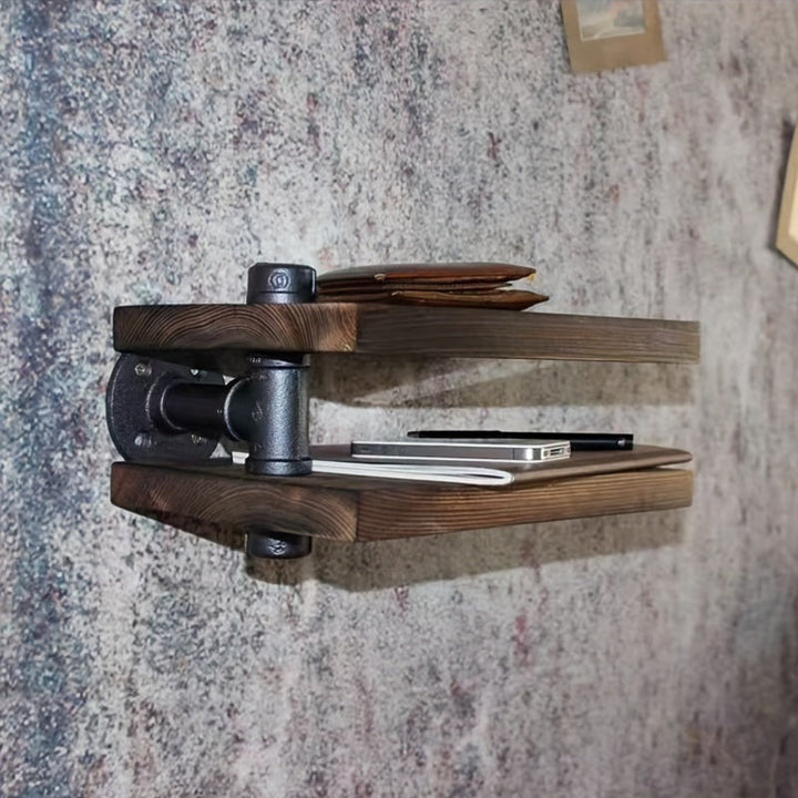 Estante de pared rústico de madera con doble estante, estilo industrial americano, diseño de tubería vintage, estante de almacenamiento multiusos con tubería de metal, acabado pintado, para uso doméstico y de cocina