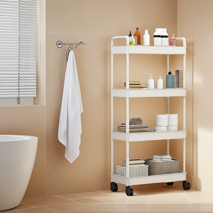 Carro de Almacenamiento con Ruedas - Estantes independientes de plástico duradero para cocinas, baños y dormitorios, estantes móviles fáciles de montar para snacks, artículos de tocador y esenciales de noche, diseño moderno minimalista con estructura rob