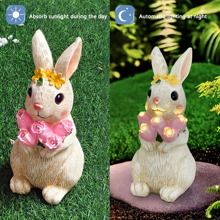 Escultura de Conejo Solar con Luz - Impermeable, Artesanía de Resina con Corona de Flores Rosas para Jardín, Patio y Decoración de Césped - Ideal para el Día de la Madre, Navidad, Acción de Gracias, Regalos de Pascua, Accesorios de Conejo