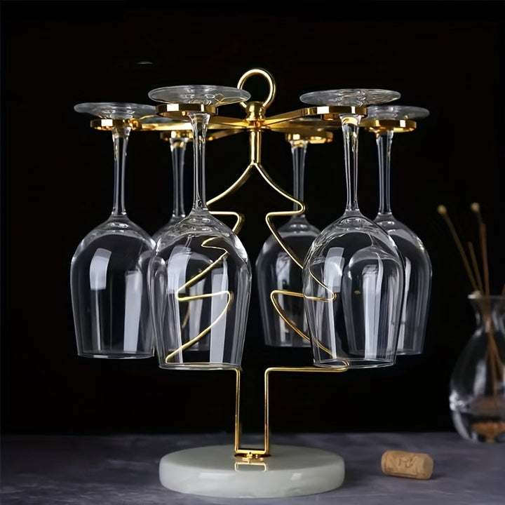 Soporte de vino de árbol de Navidad de 6 vasos - Elegante soporte de metal dorado con adornos decorativos, perfecto para comidas de vacaciones y decoración del hogar, estante de vino de mesa