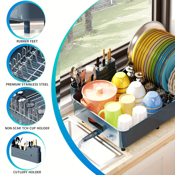 Moderno escurridor de platos retráctil para cocina con construcción de acero inoxidable y plástico, organizador de almacenamiento de drenaje para platos, palillos y utensilios.