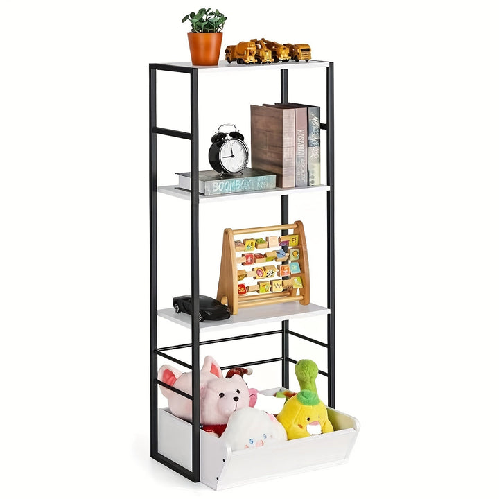 Librería de Madera Blanca Versátil de 4 Niveles & Organizador de Juguetes - Montaje Fácil, Estructura Metálica para Almacenamiento en el Hogar