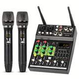 DEPUSHENG Mezclador de Audio Profesional de 4 Canales con Doble Micrófono Inalámbrico, Interfaz USB, Consola de Tablero de Sonido, Reproducción de MP3 - Ideal para Karaoke en Casa, Fiestas y Grabación en Estudio - Aleación Negra, Sistema de Karaoke para