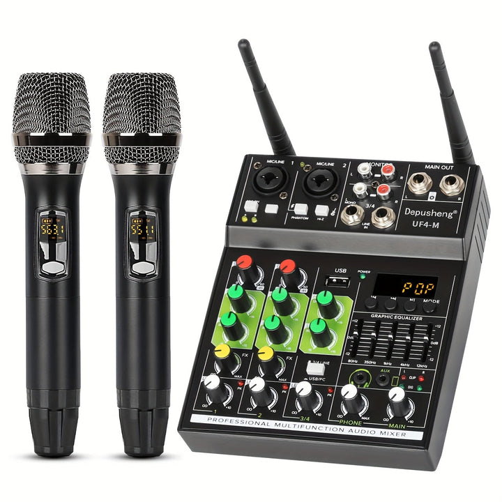 DEPUSHENG Mezclador de Audio Profesional de 4 Canales con Doble Micrófono Inalámbrico, Interfaz USB, Consola de Tablero de Sonido, Reproducción de MP3 - Ideal para Karaoke en Casa, Fiestas y Grabación en Estudio - Aleación Negra, Sistema de Karaoke para