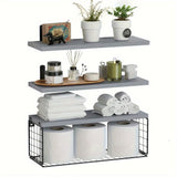 Juego de Estantes Flotantes de Pino Rústico con Portarrollos de Papel Higiénico - Organizador de Baño Montado en la Pared, Sin Tubos Metálicos Incluidos, Almacenamiento de Baño