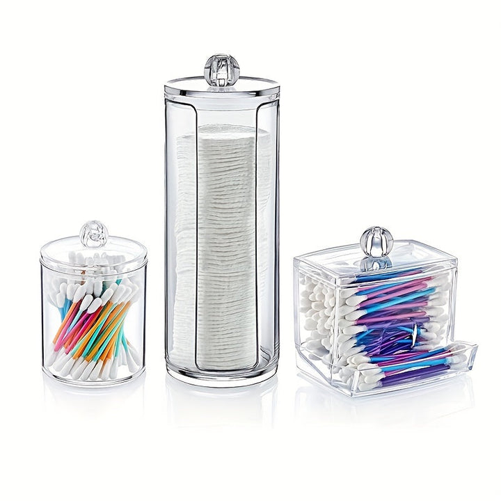 3 piezas de dispensador de hisopos acrílico, caja de almacenamiento para baño, frascos redondos para algodón, porta hisopos, contenedor de palillos, hisopos redondos para baño