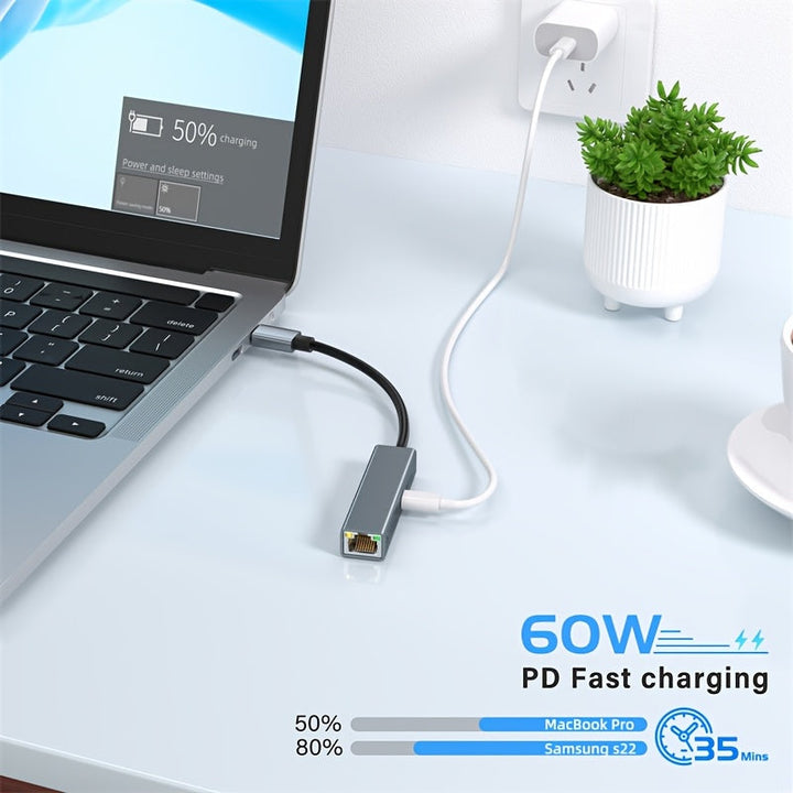 Adaptador USB C a Ethernet con Puerto de Carga [60W], Thunderbolt 3 y LAN Gigabit (1000Mbps) - Compatible con MacBook Pro/Air, iPhone 15, iPad, Dell XPS, Chromebook, Google TV, Conexión Versátil, Acabado Metálico Elegante, Diseño Compacto, Alta Velocidad