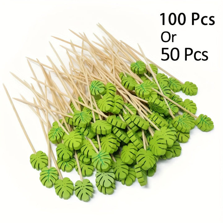 100pcs/50pcs Palitos para Cócteles Tropicales, Palillos de Monstera para Cócteles, Palillos Decorativos para Fiestas, Palos de Bambú Hawaiano, Palitos para Aperitivos y Bebidas Frutales Regalo de Halloween