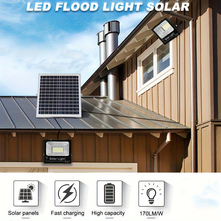 1pc Faro de inundación solar con control remoto, iluminación LED exterior regulable, ABS y vidrio, montaje semi empotrado, acabado pulido, impermeable, sensor de infrarrojos, alimentado por energía solar con batería de litio, panel fotovoltaico no extraí