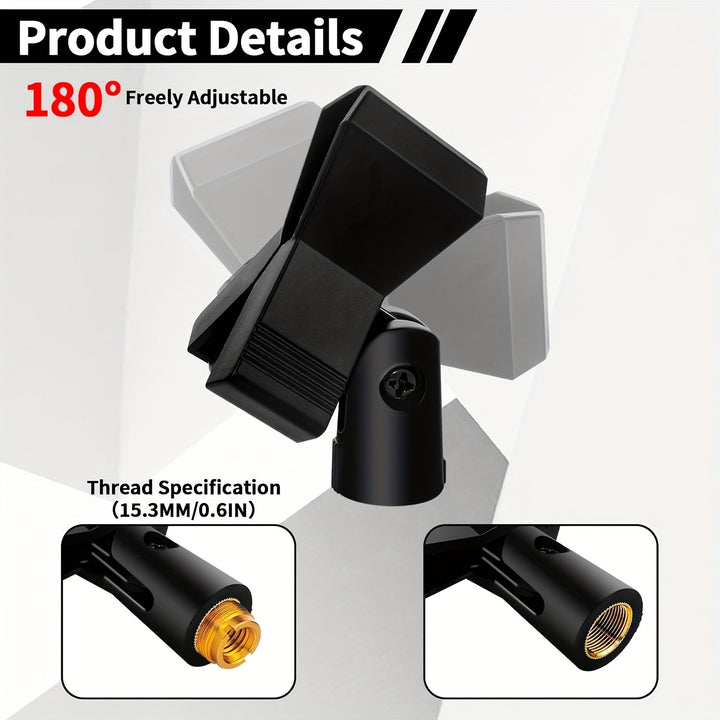 4 piezas de Clips Ajustables para Micrófonos en Soportes - Abrazadera Segura con Adaptador de 5/8" a 3/8", Perilla Ajustable de 180°, Diseño Duradero para Microfonos Inalámbricos, Podcasting, Transmisión en Vivo y Uso de Estudio, Accesorios para Soporte