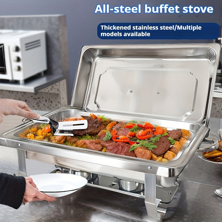 Juego de platos de acero inoxidable aislados con estufa de cena, contenedor de calefacción comercial para hotel, restaurante y banquetes, termo rectangular plateado adecuado para catering, banquetes y fiestas, utensilios para servir.