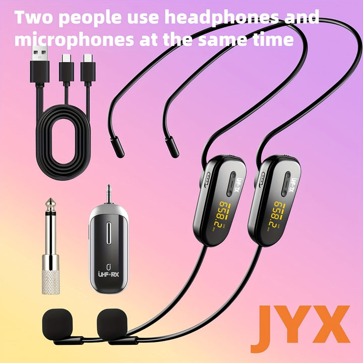 Microfono sin varillas JYX U-210 Más Vendido para 2 Personas con Amplificador de Voz, Adecuado para Actuaciones en Escenario, Enseñanza, Entrenamiento, Yoga, Discursos, Karaoke y Charlas, Carga USB