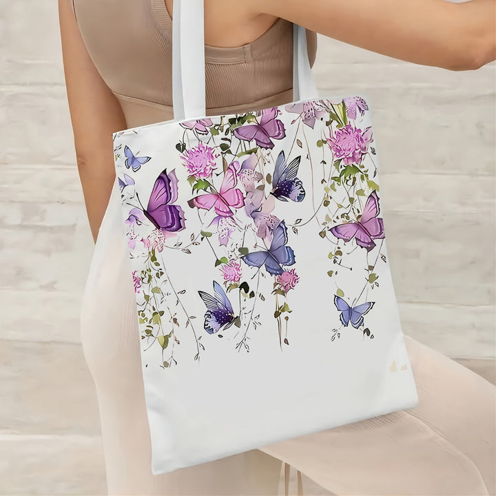 1 pieza de bolso de lona para mujer con diseño de mariposa y flores - Ligero, plegable, duradero para compras en bibliotecas, escuelas y uso diario, bolso escolar | Diseño floral de mariposa | Bolso plegable