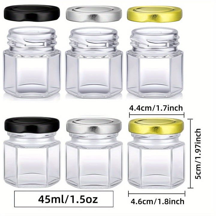 32pcs Mini Tarros de Vidrio Hexagonales con Tapas Metálicas de Rosca, Contenedores Herméticos de 1.5oz para Miel, Mermelada, Especias, Recuerdos de Boda, Manualidades DIY - Grado Alimenticio, No Necesita Electricidad