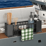 Estantería de Cocina Multifuncional y Compacta con Diseño Autodrenante, Portapalillos, Cuchillo, Tenedor, Cuchara y Toallero, Ideal para Barcos y Yates, 33.5 x 7.8 x 10.5cm, Construcción Metálica Negra, Almacenamiento en la Cocina del Barco | Elegante Es