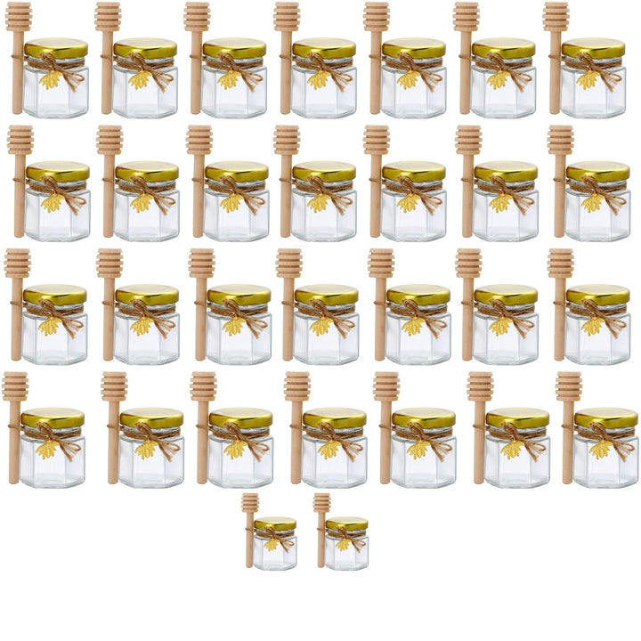 Elegante tarro de vidrio hexagonal mini con tapa dorada y cubo de madera, perfecto para conservación natural y fiestas - empaquetado múltiple para bodas y regalos de novia, tarro de miel de vidrio transparente familiar con tapa, tarro de vidrio transpare