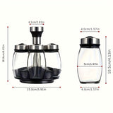 Juego de 7 frascos de especias con caja de almacenamiento de vidrio giratorio, estante para especias, azúcar, pimienta y sal - Organizador de cocina, giratorio y accesible