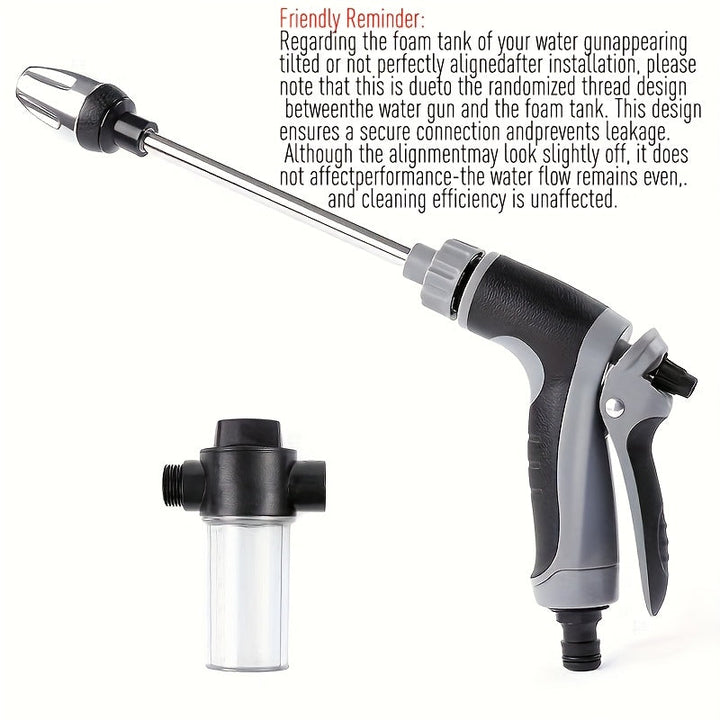 Cañón de Lavado de Alta Presión con Mango Largo para Autos y Hogar - Boquilla de Manguera de Jardín de 3/4 Pulgadas, Herramienta de Limpieza Manual para Vehículos y Exteriores, Diseño en Plástico con Junta de Goma