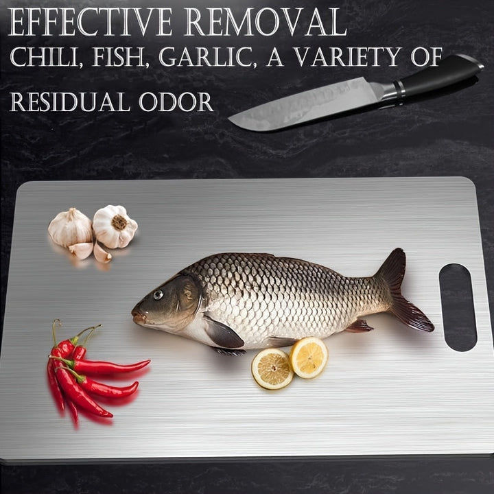 Juego de 3 tablas de cortar de acero inoxidable - Seguras para lavavajillas, doble cara para tareas de cocina diversas, esenciales para la cocina, seguras para alimentos, tamaños 9,84 x 5,9 pulgadas, 11,41 x 7,87 pulgadas, 13,38 x 9,05 pulgadas