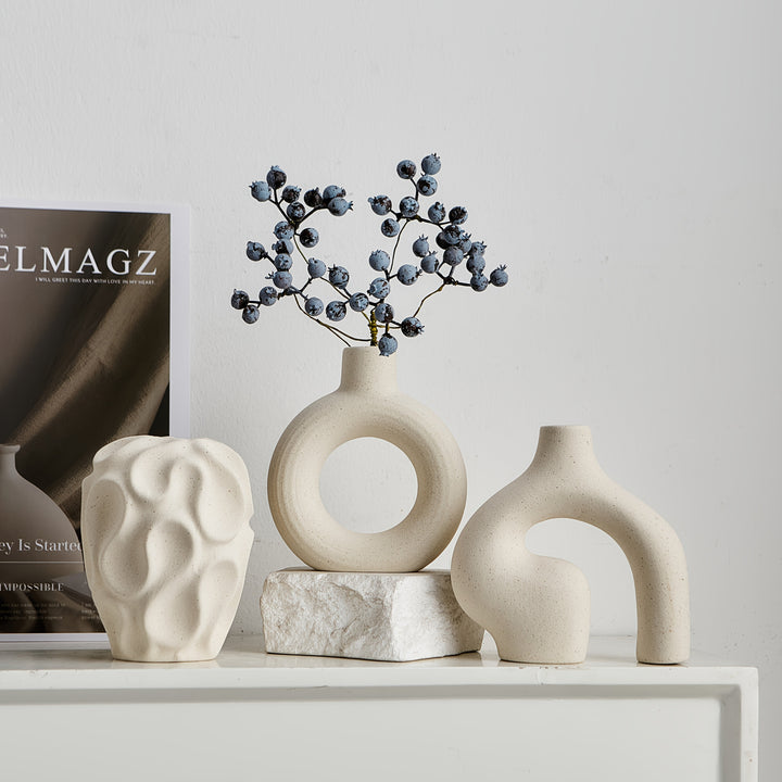 Conjunto de 3 jarrones de cerámica bohemios - Jarrones de capullo de rayas geométricas, forma cilíndrica, decoración minimalista para el hogar para estantes, mesa de café, sala de estar, entrada - No se requieren baterías