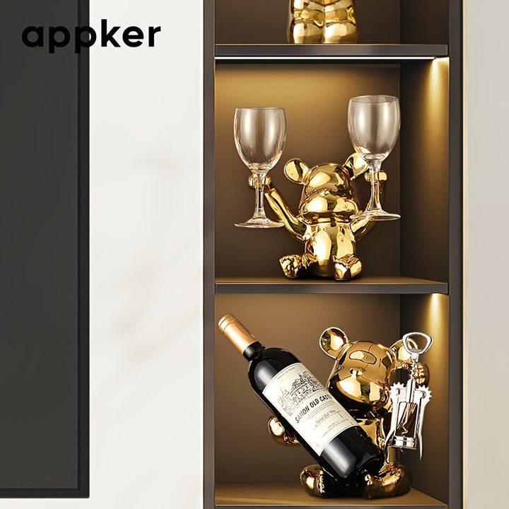 Estante de vino de oso de dibujos animados de terracota Appker con abridor de botellas integrado, exhibición de almacenamiento decorativo de cerámica para la sala de estar, decoración de cocina de bar en casa