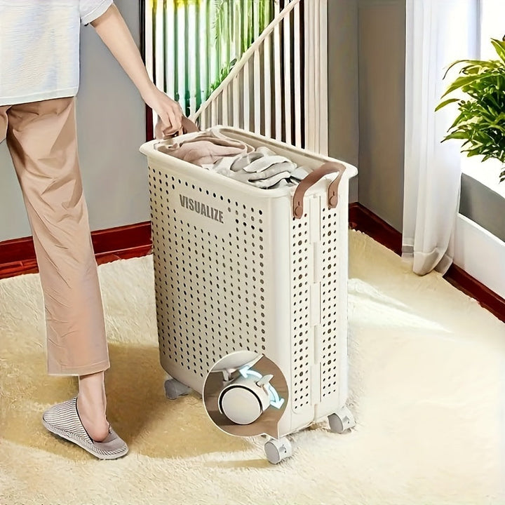 1pc Cesta de Almacenamiento Plegable Grande con Ruedas - Organizador Colapsable con Asas, Diseño Ahorrador de Espacio, Portátil para Armario, Baño, Cocina, Lavandería y Spa - Ideal para Hogar, Oficina o Hotel, Material Plástico Duradero, Perforado