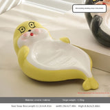 Caja de Jabón con Diseño de Foca de Dibujos Animados (1 pieza) - Soporte para Jabón Cerámico con Desagüe, Diseño Rectangular Lindo para Baño o Encimera del Inodoro, Estantes Creativos para Uso Doméstico