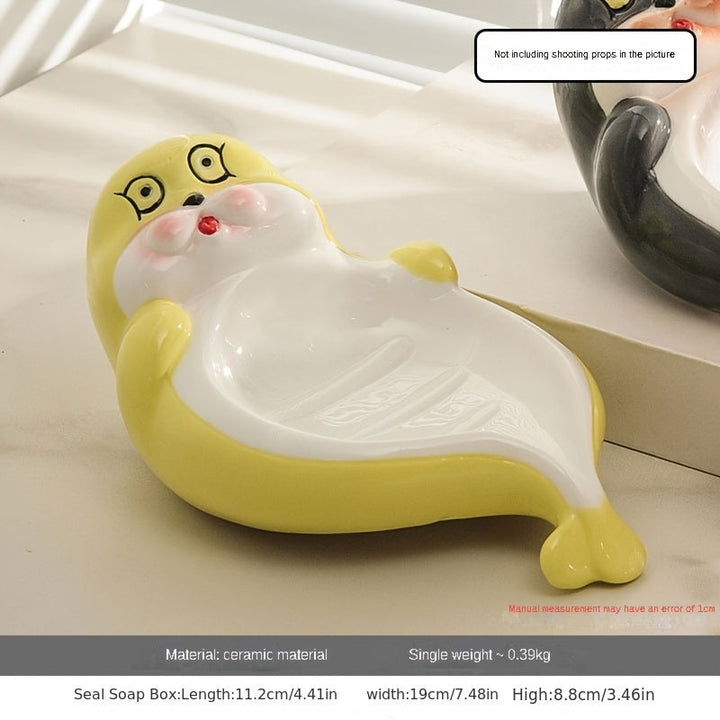 Caja de Jabón con Diseño de Foca de Dibujos Animados (1 pieza) - Soporte para Jabón Cerámico con Desagüe, Diseño Rectangular Lindo para Baño o Encimera del Inodoro, Estantes Creativos para Uso Doméstico