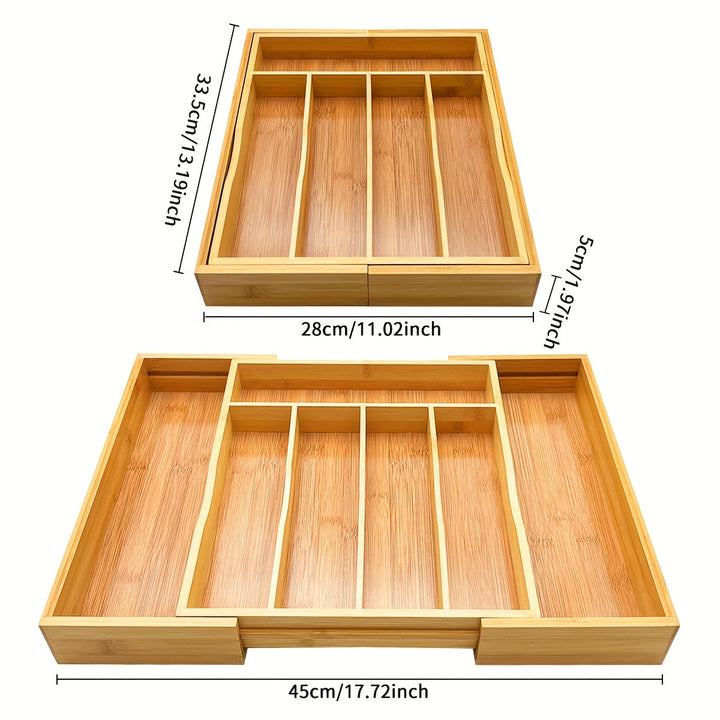 Caixa de Almacenamiento Extensible para Cubiertos de Teca, Organizador de Cajón de Teca, Bandeja para Utensilios con Divisores Estriados, Adecuado para la Organización de Cubertería y Herramientas de Cocina en Dormitorio o Sala de Estar
