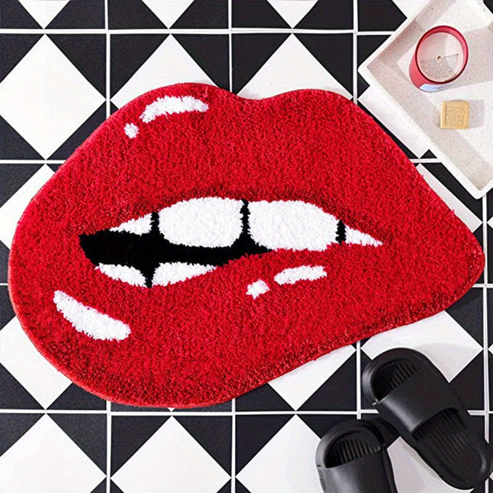 Alfombra de Baño Antideslizante con Labios Rojos de Peluche - Diseño Divertido de Labios Mordiendo, Absorbente y Lavable a Máquina, Alfombra de Ducha Ovalada con Base de TPR, Mezcla de Poliéster Suave para Decoración de Baño, Grosor de 2.5cm