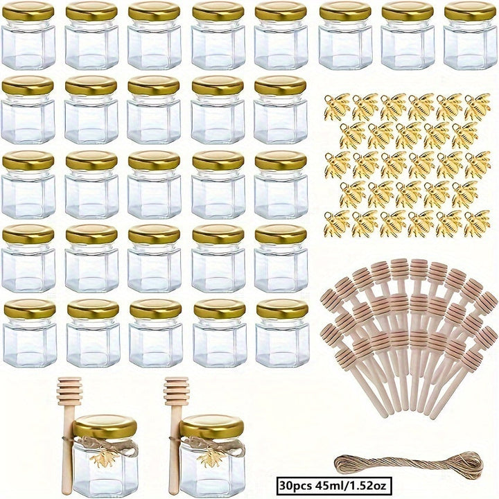 Conjunto de 20/30/50/60 frascos de miel, frascos de miel de vidrio transparente de 45 ml/1,52 oz, frascos de vidrio hexagonales con tapas, recipientes de almacenamiento de cocina para miel, mermelada y conservas, envases de regalo de vidrio sellados