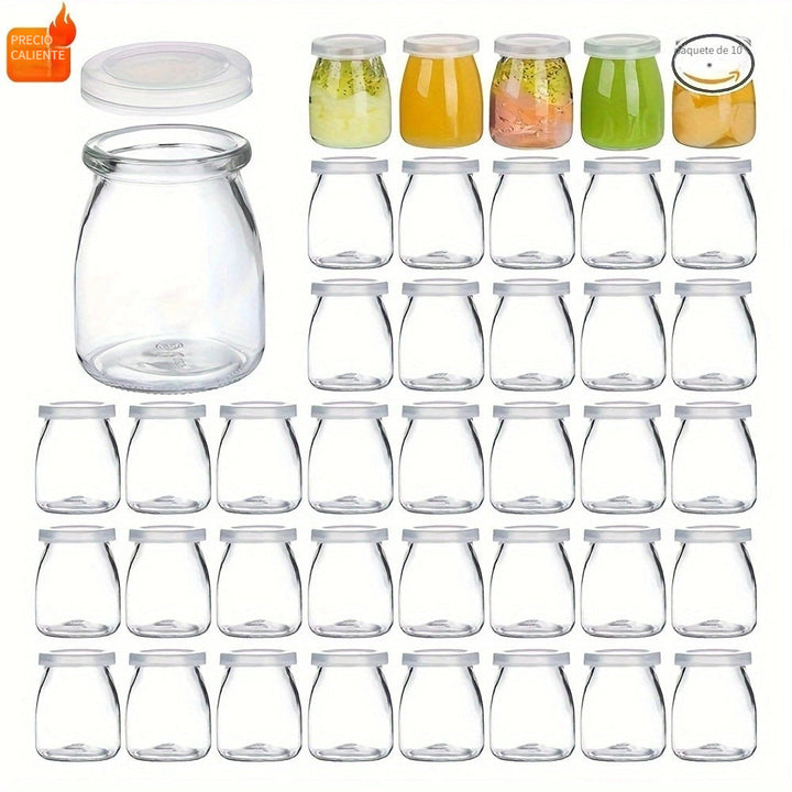 10 frascos de vidrio transparente de 4 oz con tapas de PE, recipientes reutilizables para yogur, pudín, leche, mermelada, jalea, mousse y miel, botes redondos con tapa abatible para organización de cocina, marca KHLOEE