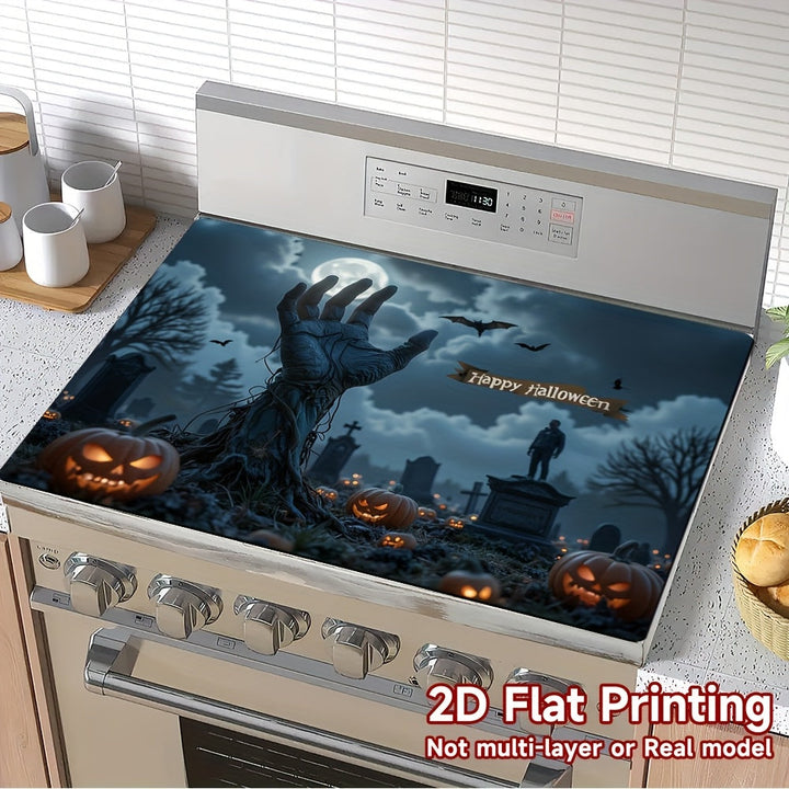 1pc Alfombrilla para Cocina de Halloween - Decoración Espeluznante con Calabazas y Cementerio, Cubierta Antideslizante para Estufa o Refrigerador - Fácil de Limpiar, Diseño 2D Plano para Fiesta de Halloween, Ajuste Universal en la Mayoría de Estufas y Ne