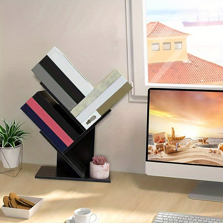 Estantería de Escritorio de Madera con Forma de Árbol y Múltiples Niveles - Negra, Organizador de Almacenamiento de Madera Maciza para Oficina