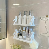Estantes de pared modernos de plástico con figuras humanoides - Estantería de almacenamiento de varios niveles para baño, cocina o decoración de baño, detalles blancos y dorados, diseño de colgamiento de pared, estantes de baño | Estantes de pared modern
