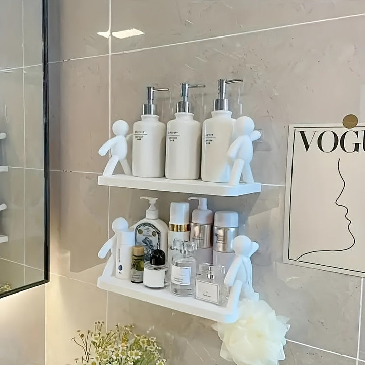 Estantes de pared modernos de plástico con figuras humanoides - Estantería de almacenamiento de varios niveles para baño, cocina o decoración de baño, detalles blancos y dorados, diseño de colgamiento de pared, estantes de baño | Estantes de pared modern