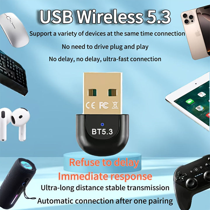Adaptador sin varillas USB 5.3 para PC, Compatible con Auriculares, Teclado y Altavoces - Plug & Play, Compatibilidad Retrocompatible con 5.2/5.1/5.0/4.2/4.1/4.0, Soporta hasta 7 Dispositivos, Sin Necesidad de Batería