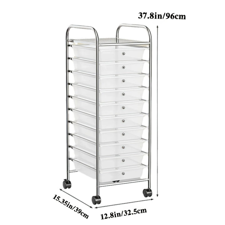 Carrito de almacenamiento con ruedas, 10/12/15 cajones, estructura metálica y cajones de plástico, multifuncional, práctico para el hogar y la oficina (Blanco transparente/Negro avanzado/Color2)