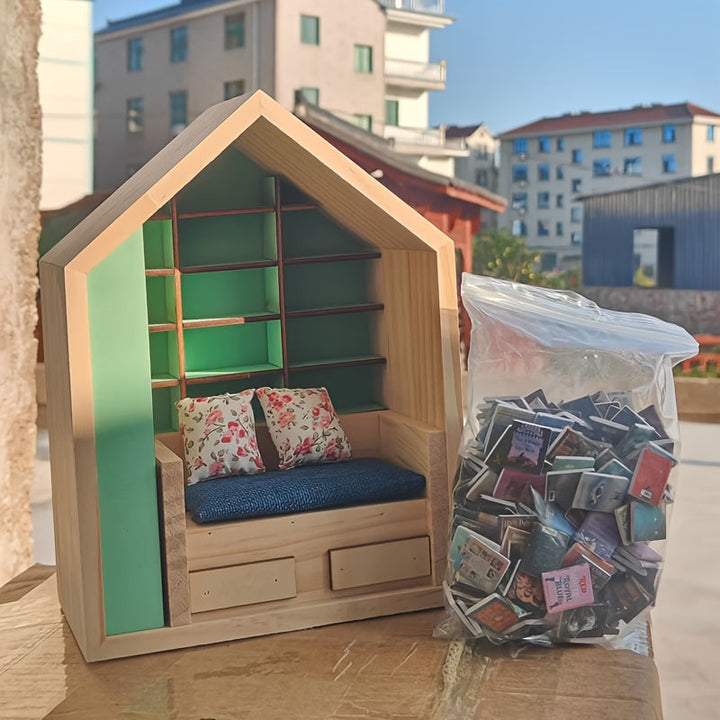 Una caja de mecedora de comodidad artesanal diseñada para aliviar la ansiedad, con una estantería de madera para decoración de oficina en casa, que incluye 200 libros y 2 cojines.