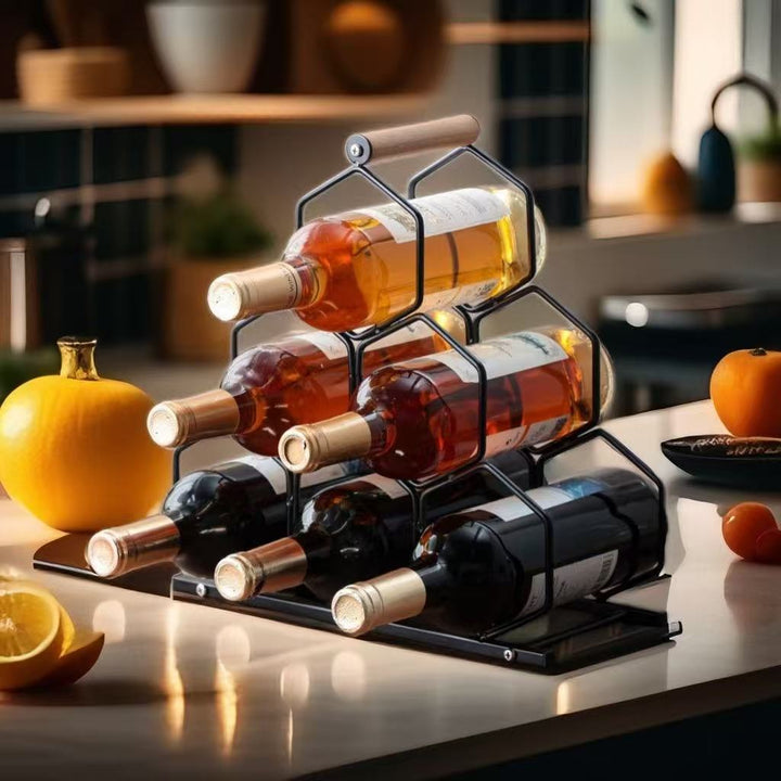 Un soporte de vino creativo que puede almacenar seis botellas, ideal para armarios de vino en casa y áreas de comedor de lujo.