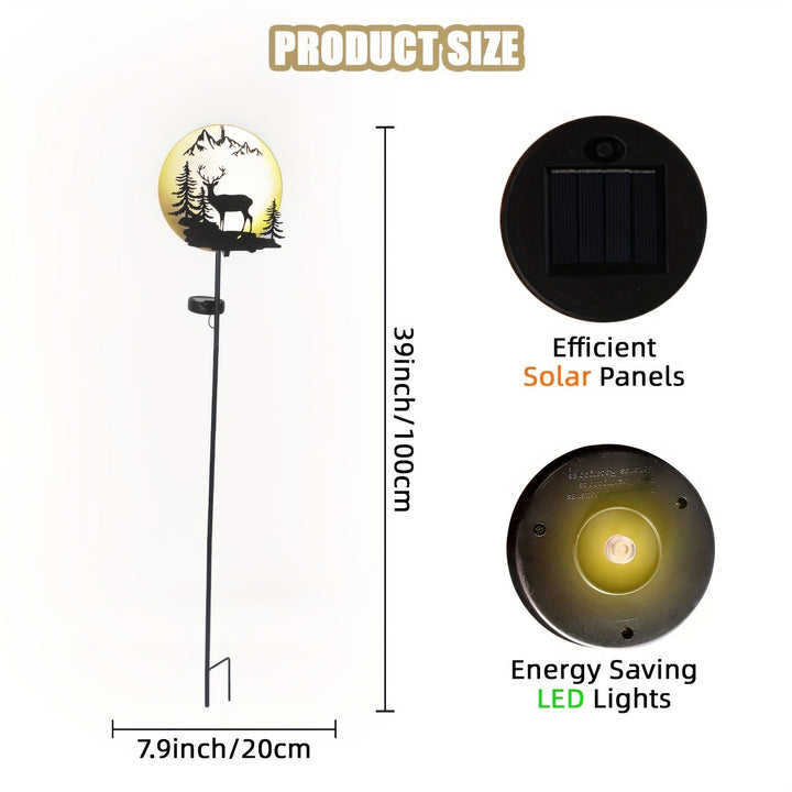 Una luz de jardín de reno solar, un poste de luz de ciervo circular de metal para la noche, con LED de alta luminosidad a prueba de agua de blanco cálido, adecuado para jardines festivos, jardines, patios, caminos, pasillos y decoraciones de jardinería.