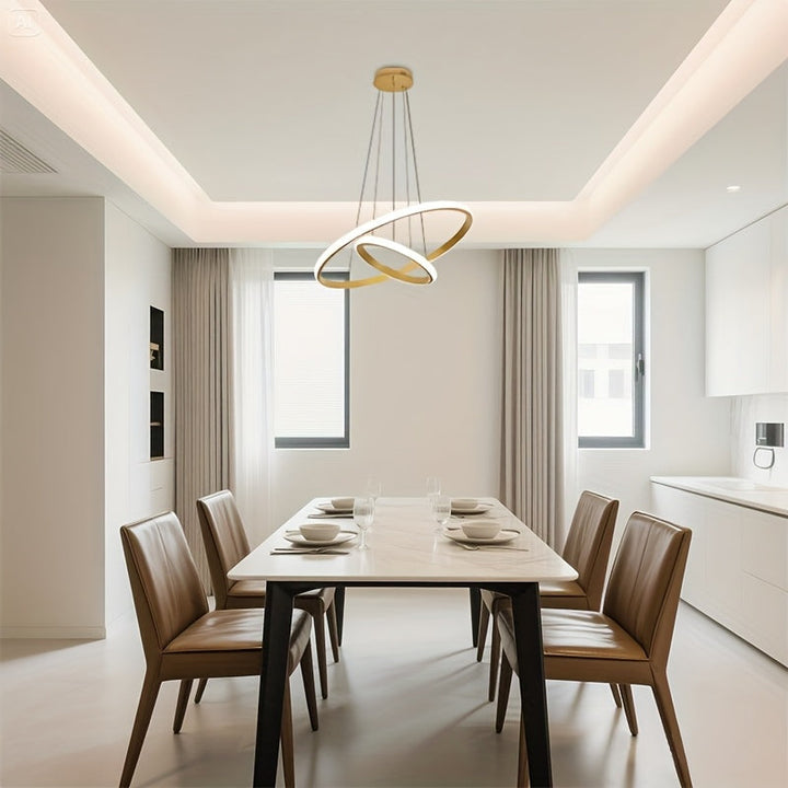 1 pieza, moderno candelabro dorado, candelabro LED irregular y aerodinámico, candelabro de altura ajustable, adecuado para isla de cocina, comedor, dormitorio, sala de estar, pasillo, porche, candelabro LED de 2 anillos, ajustable en tres temperaturas de