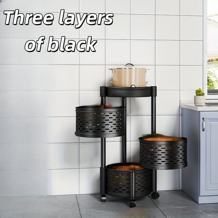 Estante de almacenamiento de cocina giratorio de 3 niveles - Organizador plegable y móvil que ahorra espacio con cajones de fresco para verduras, estante para snacks y ganchos para utensilios para cocinas modernas, estante de almacenamiento de cocina, co