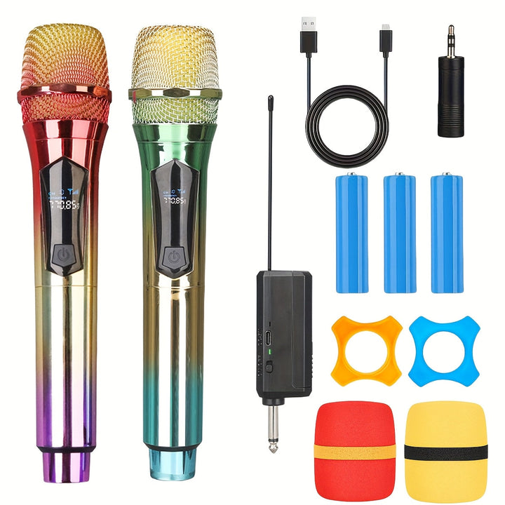 1pc Set de micrófono inalámbrico profesional, sistema de karaoke de doble canal, receptor recargable por USB, conector de 6,35 mm, batería de litio de 1500 mAh, tensión máxima de 36 V, para discursos, bodas, iglesia, sistema de sonido