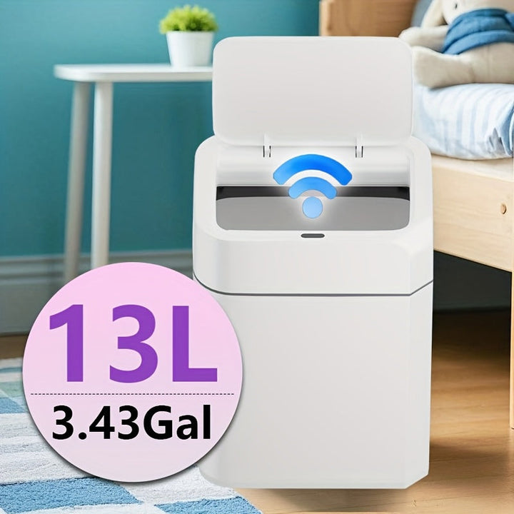 Cubo de basura automático con sensor de movimiento, diseño moderno, tapa de cierre suave, 12.98L y 19.0L, blanco, plástico, sella olores, para cocina, baño, hotel (2 pilas AA no incluidas)